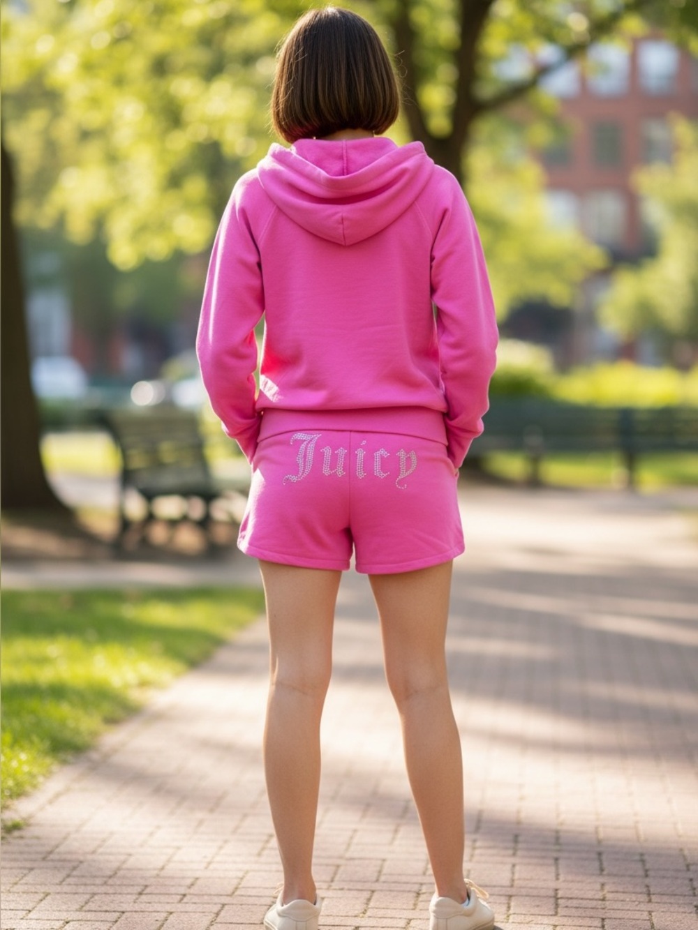 NWT Juicy Couture Vibrant Pink Rhinestone Logo Hoodie & Shorts Set